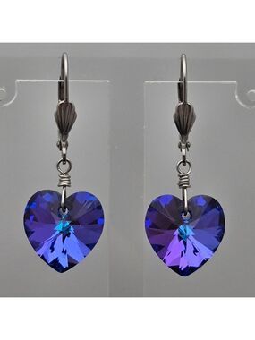 Handmade Heliotrope Heart Crystal Dangle Earrings Silver Tone